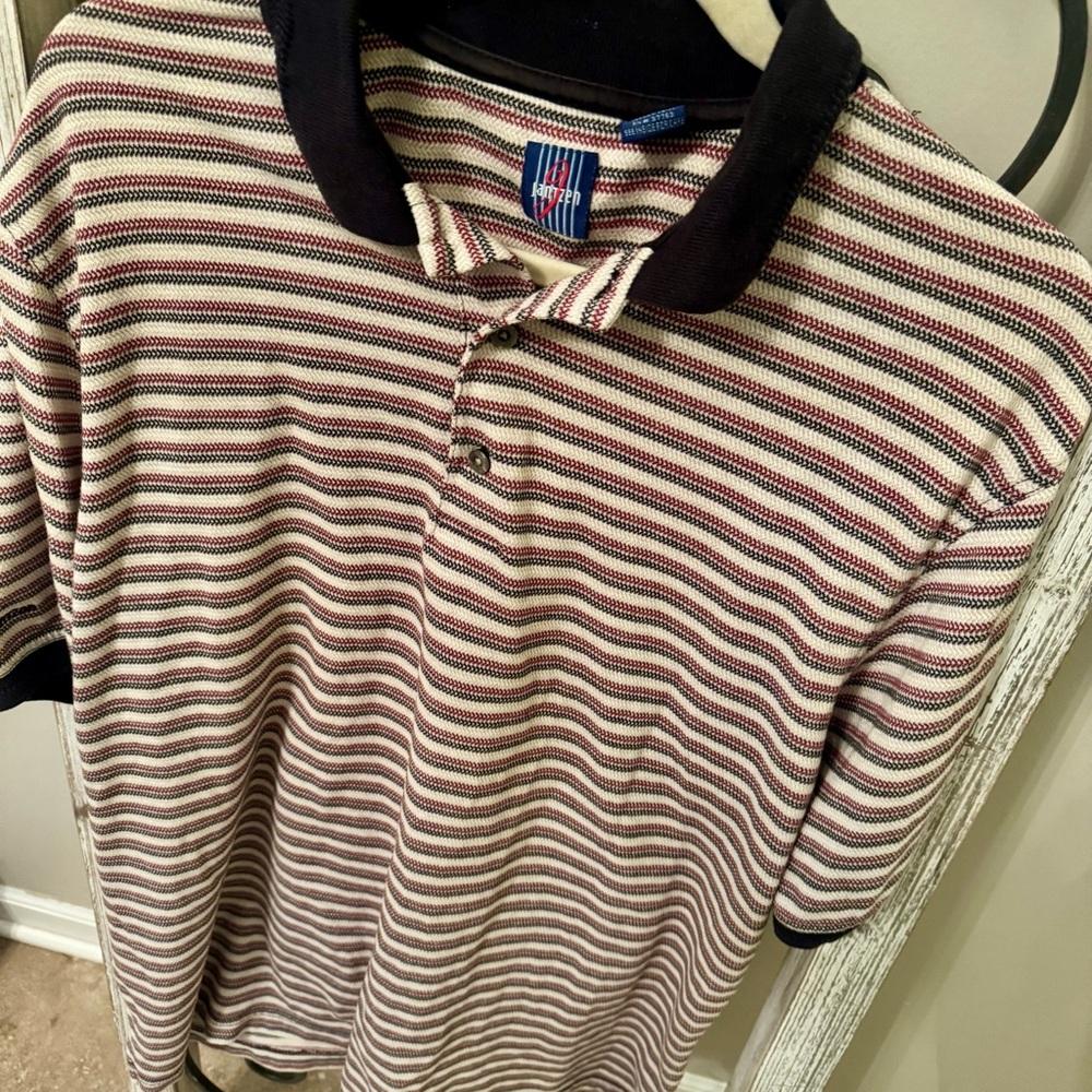 Jantzen Striped Polo Shirt XL‎ Cream Burgundy Navy 90s Y2K Vintage Style